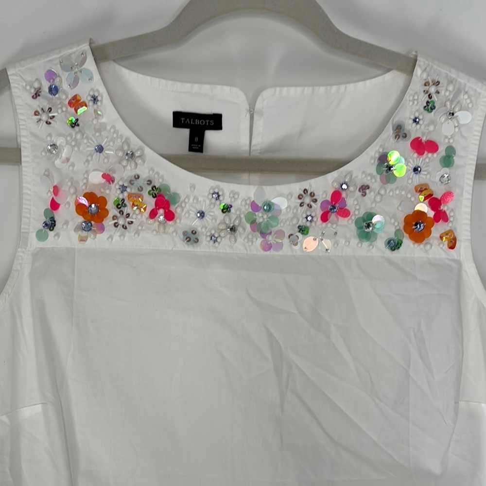 Talbots White Sequined Floral Tank Top Women’s Sz 8 Beaded